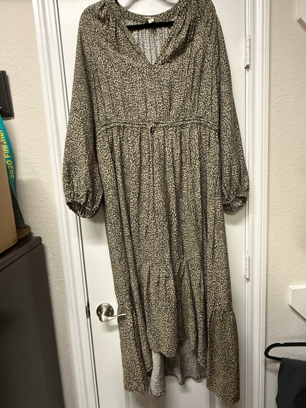 A New Day Leopard Print Midi Dress Large Long Sleeve Tie Waist Boho